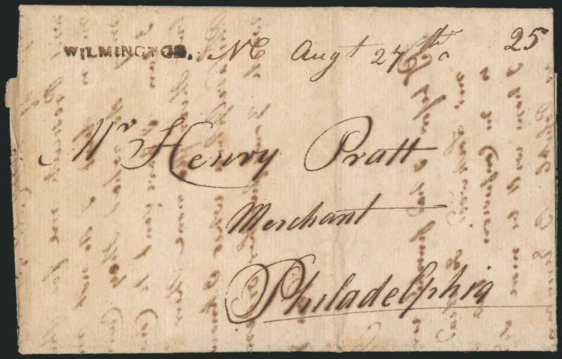 WILMINGTON, N.C. Augt. 27th.> Bold strike in brown of straightline handstamp with state and date in ms., also matching 25 rate on folded letter datelined <<Fort Johnson, August 24, 1795>> to Philadelphia,
contents discuss grounded ship, Very Fine