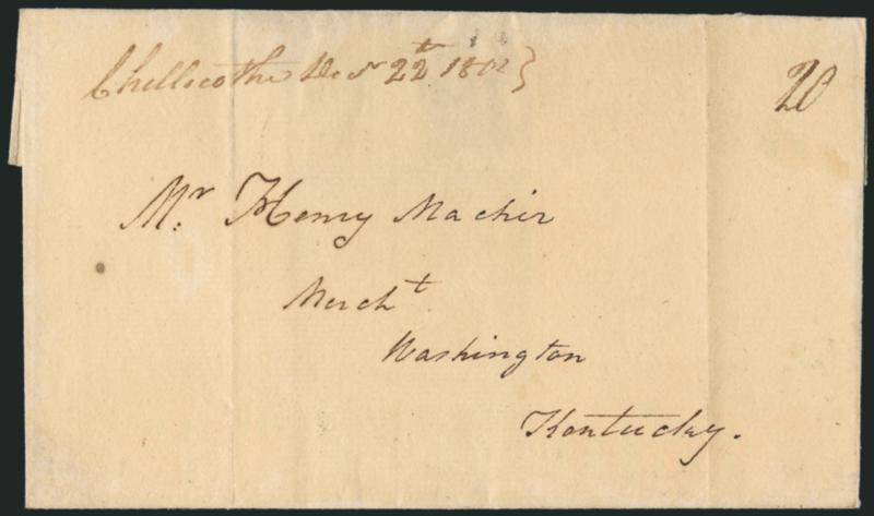 (Northwest Territory) Chillicothe Decr. 22nd, 1802.> Manuscript postmark with 20 rate on folded cover to Washington Ky., light vertical file folds, Very Fine