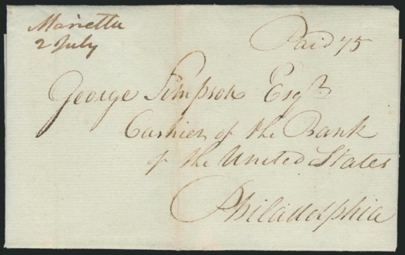 (Northwest Territory) Marietta 2 July.> Manuscript postmark on 1798 folded letter to Philadelphia, ms. Paid 75 rate, light vertical file fold well away from markings, Very Fine, scarce usage from Northwest
Territory, Marietta is now part of Ohio