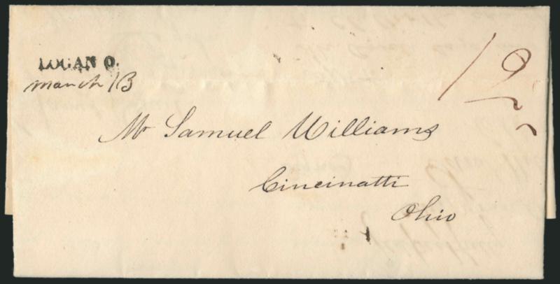 LOGAN, O.March 13.> Well-struck straightline handstamp with date in ms., matching 12 rate on 1837 folded letter to Cincinnati, light horizontal file fold thru date, Very Fine strike