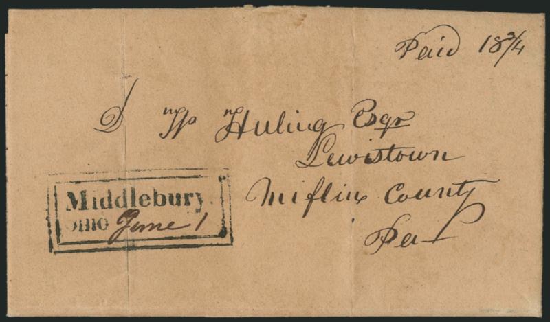 Middlebury, OHIO June 1.> Well-struck two-line handstamp in double-line frame with date in ms., Paid 18-34 rate on 1830 folded letter to Lewistown Penn., light vertical file fold affects marking, Very Fine
strike
