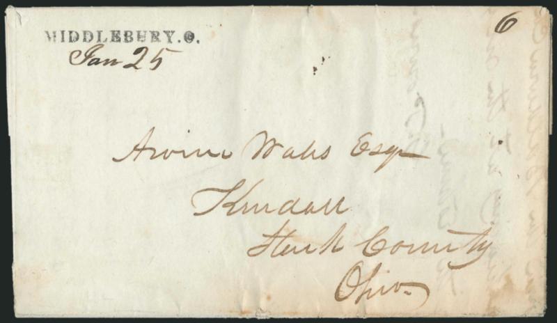 MIDDLEBURY, O.Jan. 25.> Bold strike of straightline handstamp with date in ms. and with matching 6 rate on 1832 folded letter to Kendall O., Very Fine strike