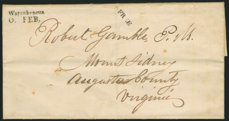 WapaukenettaO. FEB,.> Well-struck two-line datestamp with Free handstamp on undated folded cover to the postmaster in Mount Sidney Va., minor wear, Very Fine strike