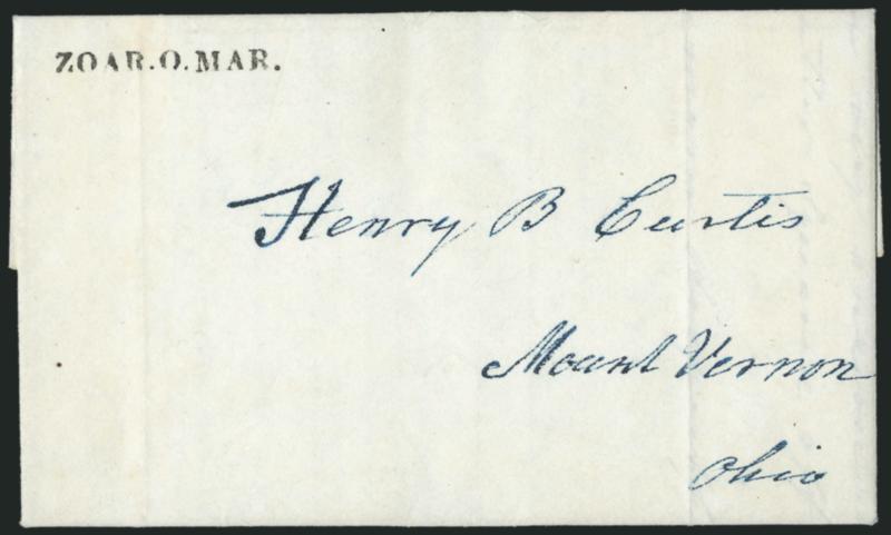 ZOAR, O. MAR.> Bold straightline datestamp on unrated 1847 folded letter to Mt. Vernon O., also without date in cancel (March 30 on dateline), light vertical file folds, Very Fine strike, ex Chambers and
Jarrett