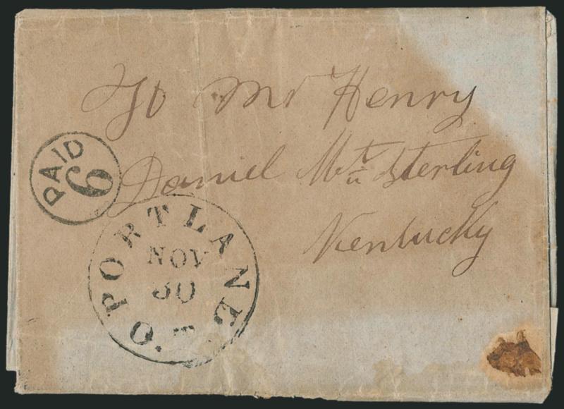 (Oregon Territory) Portland O.T. Nov. 30.> Clear strike of circular datestamp with matching Paid 6 in circle on 1852 folded letter to Ky., some overall age toning and wear, still Very Fine strike of this
scarce territorial marking, ex Starnes