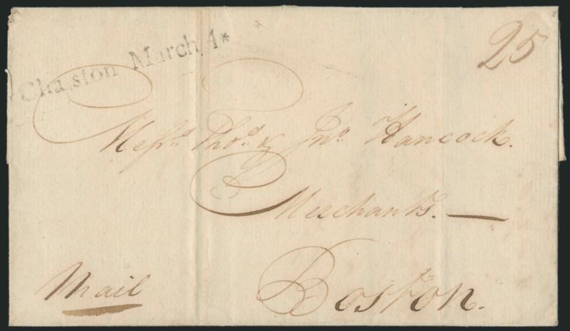 Cha,ston * March 4 *.> Clear strike of straightline datestamp with ms. 25 rate on 1796 folded letter to Boston, light vertical file folds, Very Fine strike