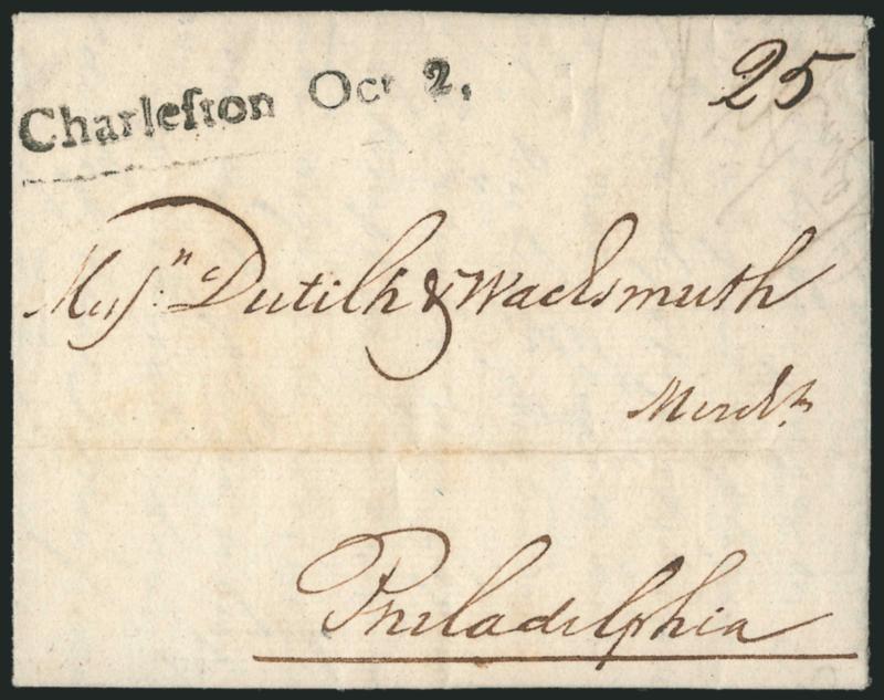 Charlefton Oct. 2.> Bold strike of straightline datestamp with antique-style s, ms. 25 rate on 1798 folded letter to Philadelphia, horizontal file fold, Extremely Fine strike