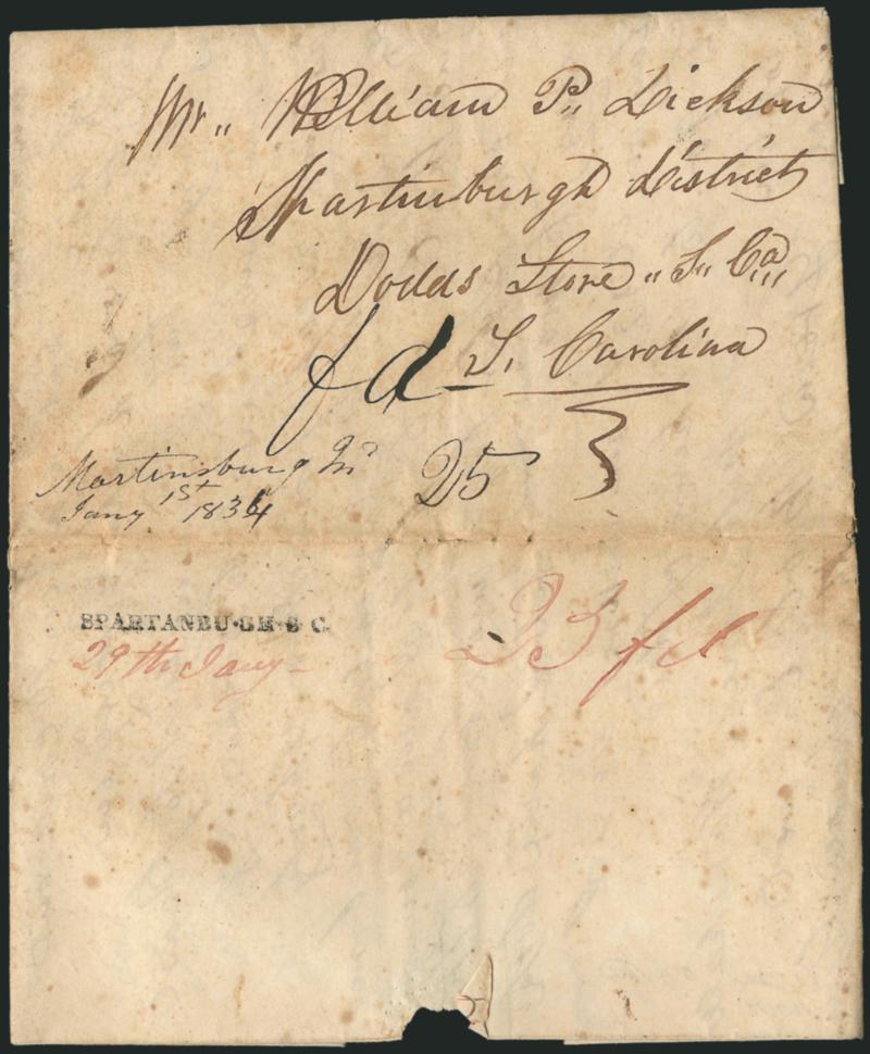 SPARTANBU * CH * S.C. 29th Jany.> Bold strike of straightline handstamp with date in magenta ms. and matching 25fd on 1834 forwarded folded letter, ms. Martinsburg Ind. Jany. 1st 1834 postmark of origin with
matching 25 rate at lower left, Very