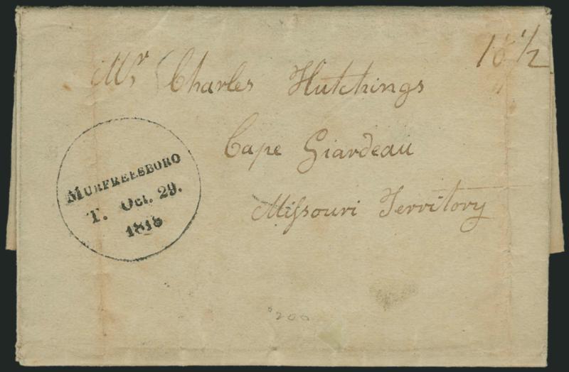 MURFREESBOROT. OCT. 291818.> Three lines in large circle clearly struck on folded letter from Wilson Tenn. to Cape Girardeau Miss. Terr., ms. 18-12 rate, file folds, Very Fine, illustrated in ASCC on p.
374