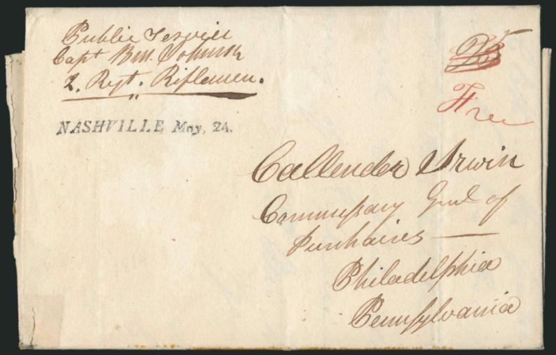 NASHVILLE May, 24.> Clear strike of straightline datestamp with ms. 25 crossed out and re-rated Free on 1814 folded letter to the Commissary General of Purchases in Philadelphia, endorsed <<Public Service>> at
upper left, contents request rifle
