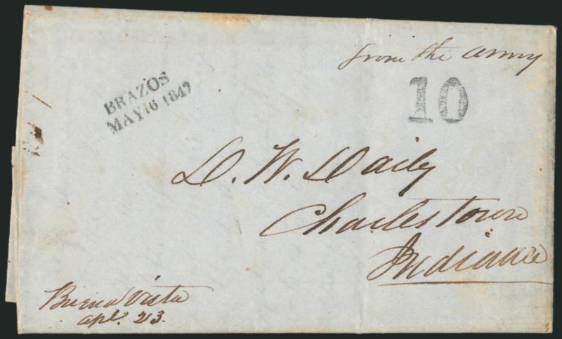 (Mexican War) BRAZOS Straightline.> Three folded letters or folded covers from the 1840s, one with 1847 yeardate, two from January and one from May, each with 10 rate handstamp, one endorsed <<from the army>>,
Very Fine