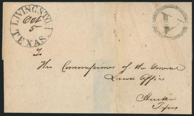 Livingston, Texas, Oct. 5.> Bold strike of circular datestamp with date in ms., matching V in serrated circle on ca. 1848 folded cover to Austin Tex., light vertical file fold does not affect markings,
slightly reduced at bottom, Extremely Fine str