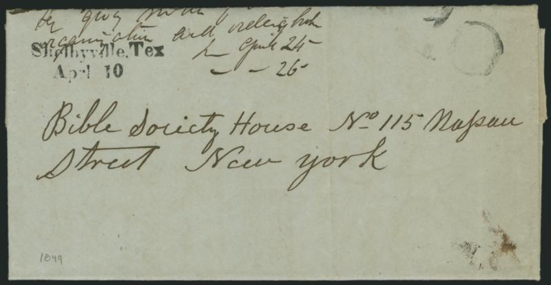 Shelbyville Tex.Aprl. 10.> Two-line datestamp with 10 handstamp on 1849 folded letter to New York City, faint vertical file fold away from markings, docketing at top, Very Fine
