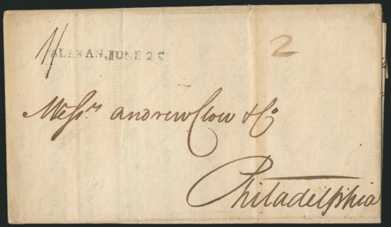 ALEXAN, JUNE 25.> Clear strike of straightline datestamp with ms. 2 dwt rate and 1 due in local currency on 1790 folded letter to Philadelphia, light vertical file folds, Very Fine strike