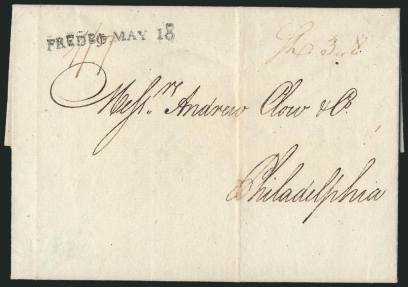 FREDBG, MAY 18.> Clear strike of straightline datestamp with ms. Sh 3.8 ship-letter rate and 17 due in local currency on folded letter datelined <avre 18 March 1790>> and addressed to Philadelphia, faint
vertical file folds, Very Fine, scarc