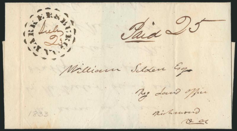 Parkersburg Va. July 23.> Clear <stencil> marking with date in ms., ms. Paid 25 rate on 1833 folded letter to Richmond Va., light vertical file folds, Very Fine strike of this desirable
postmark