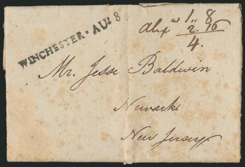 WINCHESTER. AU:8.> Perfect strike of straightline datestamp on 1791 folded letter to Newark N.J., ms. 1.8 and Alex 2.16 rate totaling 4 dwt, missing part of right side flap, some age spotting, Extremely Fine
strike, unusual use from Winchester Va