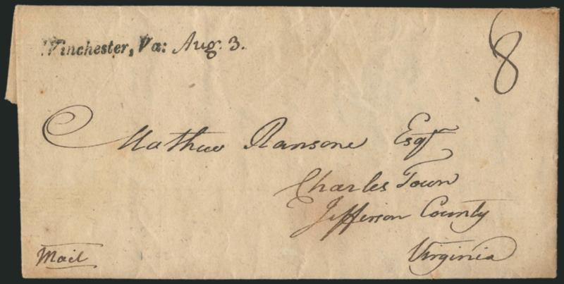 Winchester, Va: Aug. 3.> Italicized straightline handstamp with date in ms. and 8 rate on 1809 folded letter to Charlestown Va., minor wear, Very Fine strike