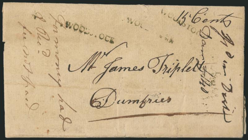 Virginia Stampless Covers.> 12, incl. 1843 Berryville oval, ca. 1815 Charlotte C.H. straightline, 1789 Fredericksburg docketing, 1803 Lynchburg straightline, two in red from Martinsburg incl. 1839 oval and
1842 double-circle datestamp, 1795 Norfolk s