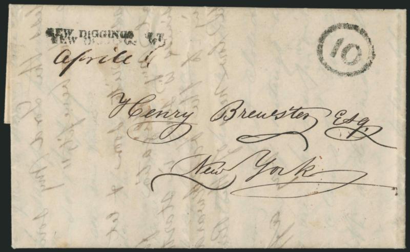 NEW DIGGINGS W. T. April 4.> Straightline handstamp struck twice with date in ms. on 1846 folded letter to New York, matching 10 in circle handstamp, fresh and Very Fine Wisconsin Territorial marking