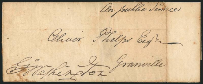 George Washington.> Bold signature <<G. Washington>> as Commanding General of the Continental Army on folded cover addressed in another hand to Army Deputy Commissary Oliver Phelps in Granville Mass., endorsed
<<On Public Service>> at top, April