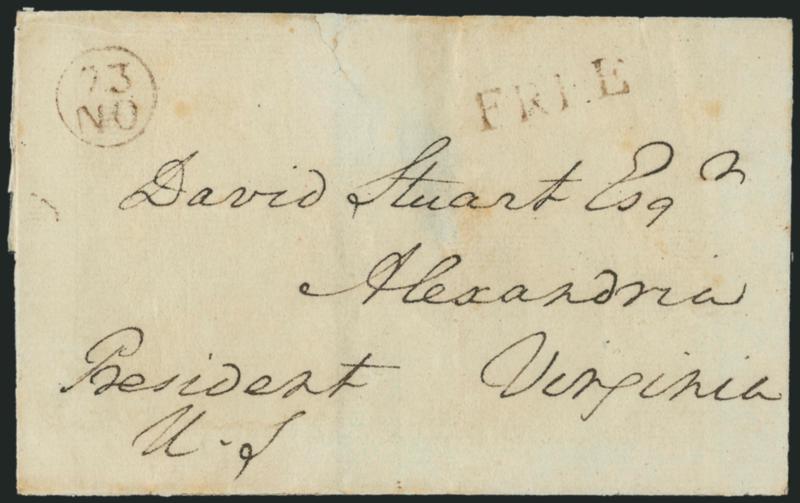 George Washington.> Free frank <<President U.S.>> <as President> on folded cover from Philadelphia, addressed by Washington to David Stuart in Alexandria Va., signed by his secretary Tobias Lear, neat 23NO
(Nov. 23) Franklin mark with matching 