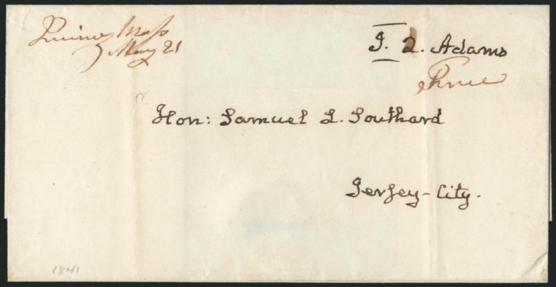 John Quincy Adams.> Free frank <<J. Q. Adams>> on folded cover to Samuel Southard in Jersey City N.J., ms. Quincy Mass. May 21 postmark and Free, part of wax seal on back, light vertical file folds, Very Fine,
the recipient was Secretary of the