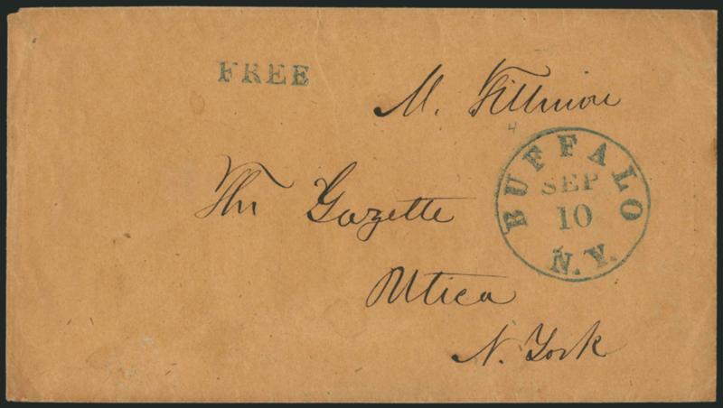 Millard Fillmore.> Free frank <<M. Fillmore>> on buff cover addressed in his hand to Utica N.Y., well-struck blue Buffalo N.Y. Sep. 10 circular datestamp and matching Free handstamp, trivial corner wear, fresh
and Very Fine