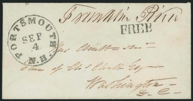Franklin Pierce.> Free frank <<Franklin Pierce>> (possibly as President) on cover to Washington D.C., neat Portsmouth N.H. Sep. 4 circular datestamp and matching Free handstamp, small sealed tear on backflap
only, Very Fine, ex Robertson