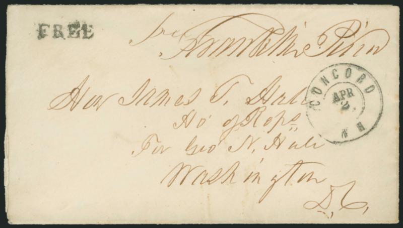 Franklin Pierce.> Free frank <<free Franklin Pierce>> as ex-President on cover to Rep. James T. Hale in Washington D.C., Concord N.H. Apr. 2 double-circle datestamp and matching Free handstamp, Very Fine, Hale
was a Representative from 1859-65