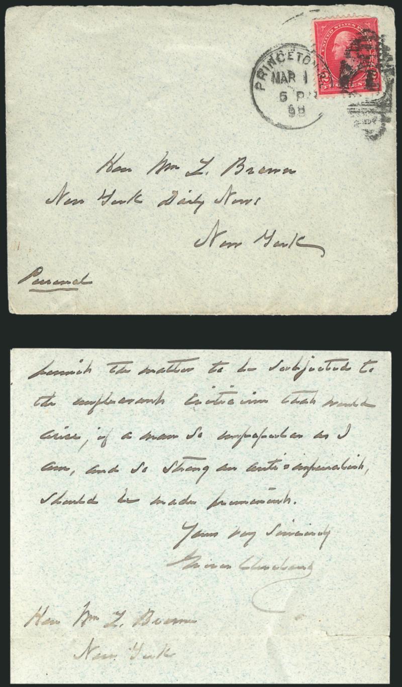 Grover Cleveland.> Three page folded ALS to an official at the <<New York Daily News>>, datelined Westland, Princeton, New Jersey. <<March 1, 1899>>, after Cleveland finished his second of two non-consecutive
terms as President, interesting content