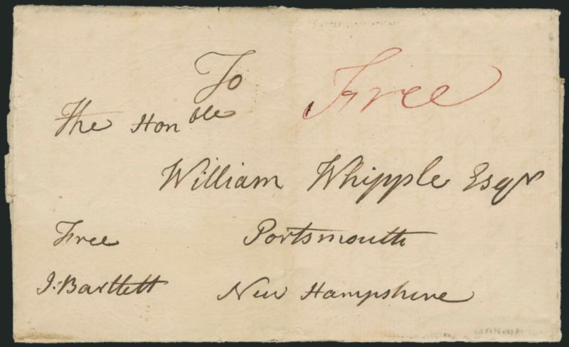 Josiah Bartlett.> Signer of Declaration of Independence, delegate from New Hampshire (Continental Congresses of 1775-78), free frank <<Free J. Bartlett>> and address in his hand on folded cover <to William
Whipple> (Signer and delegate from N.H.) i