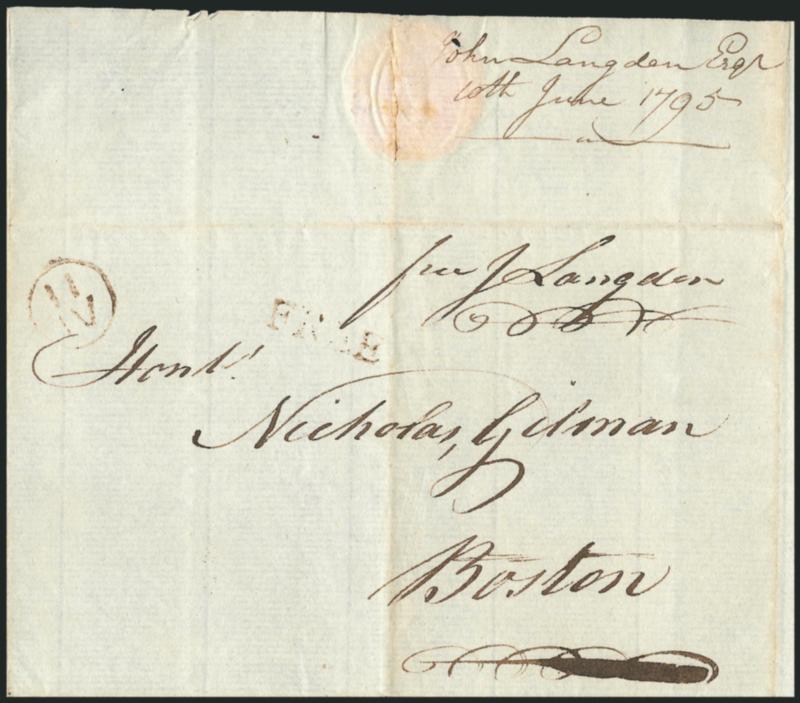 John Langdon.> Delegate from New Hampshire (Continental Congresses of 1775-77, 1786-87), framer and signer of the Constitution, U.S. Senator (1789-1801), later Governor of New Hampshire, free frank <<free J.
Langdon>> as Senator on folded cover add