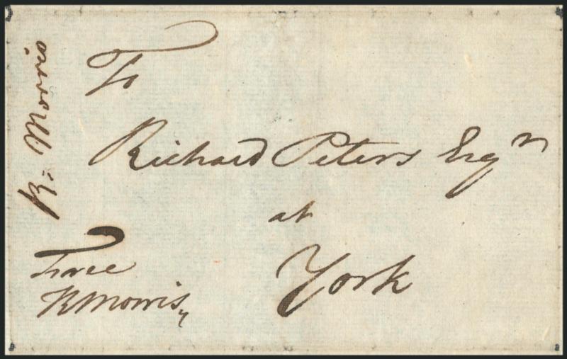 Robert Morris.> Signer of the Declaration of Independence, delegate from Pennsylvania (Continental Congress of 1776-78), Superintendent of Finance (1781-84), known as the financier of the Revolution and
Senator (1789-95), free frank <<Free R. Morr