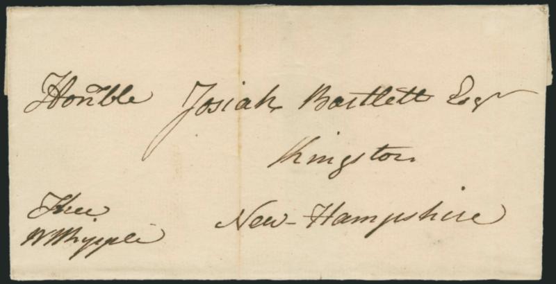 William Whipple.> Signer of Declaration of Independence, delegate from New Hampshire (Continental Congresses of 1776-79), free frank <<Free W Whipple>> and address in his hand on folded cover to <John
Bartlett,> fellow delegate and Signer from New