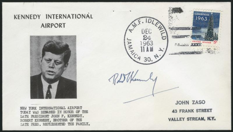 Robert Kennedy.> Three covers with signature, incl. first day cover of 1963 5c Flag, Kennedy Airport renaming cover, and cover with 4c Chile stamp with gold and black JFK commemorative plaque cachet,
unaddressed, Extremely Fine