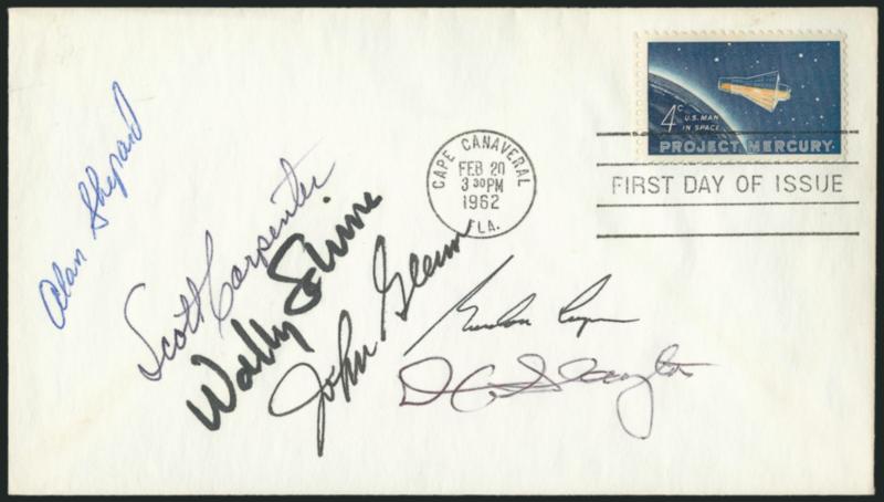Mercury 7 Autographed Cover.> First day cover bearing 4c Mercury, tied by Cape Canaveral Fla. Feb 20 1962 First Day of Issue machine cancel, signed by Alan Shepard, Scott Carpenter, Wally Schirra, John Glenn,
Gordon Cooper and Deke Slayton, missing