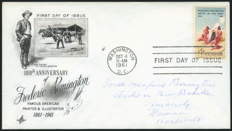 Norman Rockwell.> Full signatures in ink on eight first day covers, six with <<Sincerely, Normal Rockwell>>, one with <<My best wishes to William S. Leavy, Sincerely Normal Rockwell>> and one with < once
occupied Remingtons studio in New Roch