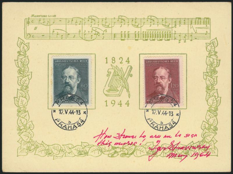 Igor Stravinsky.> Souvenir Card with Bohemia and Moravia Nos. B27 and B28 (composer Bedrich Smetana) tied by individual Prague May 12, 1944 double-circle datestamp, signed in red <ow strange to ask me to sign
this music! Igor Stravinsky May 1964>