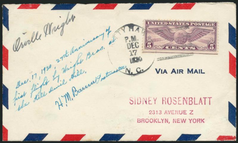 Orville Wright.> Signature at upper left of  airmail envelope with 5c Winged Globe, Air Post (C12) tied by Kitty Hawk N. C. P.M. Dec. 17, 1930 duplex cancel, to Sidney Rosenblatt in Brooklyn N.Y., additional
text on cover by the Kitty Hawk Postmast