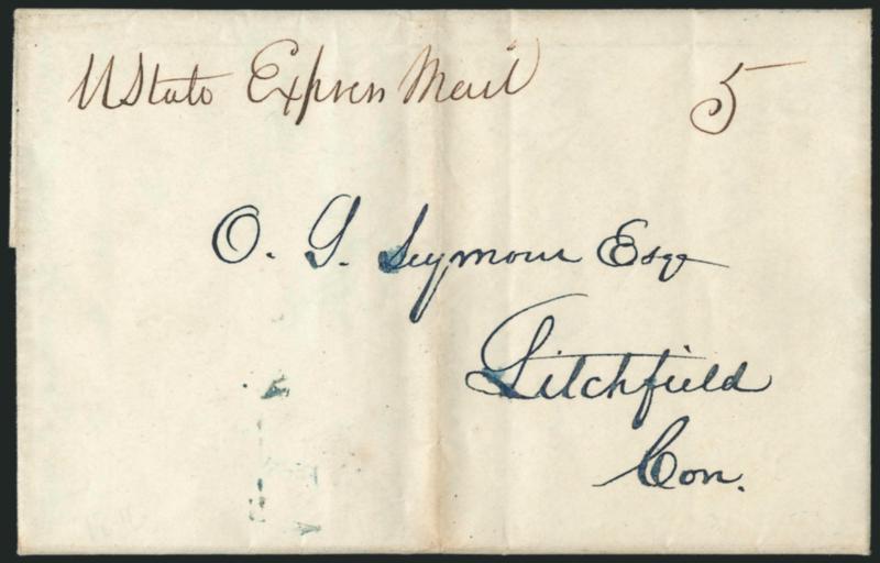 U State Express Mail 5.> Manuscript route agents marking and rate on Jun. 25, 1846 folded letter from Syracuse to Litchfield Conn., written on Empire House illustrated hotel letterhead, slightly toned along
file fold, Very Fine, extremely rare man