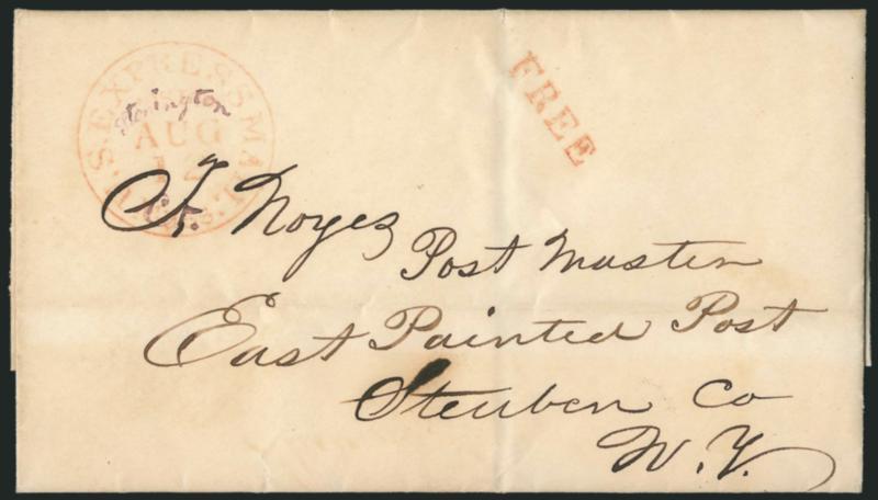 U.S. Express Mail Modified Datestamp.> Route agents standard red circular datestamp with Boston and Mass. crossed out and replaced with purple ms. <Stonington Ct.> and <Newport R.I.>, Stonington Aug. 12
(1844?) to postmaster of East Painted