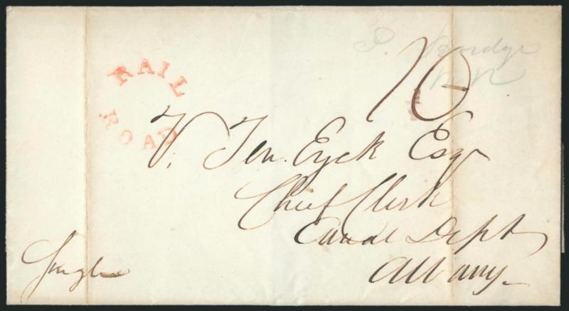 RAIL ROAD.> Six folded letterscovers with rimless circle or arc style handstamp in red, all early upstate New York railroads, incl. Apr. 1838 noted as earliest use, also Nov. 1838, others from 1841-42, two
with red Albany N.Y. circular datestamp, a