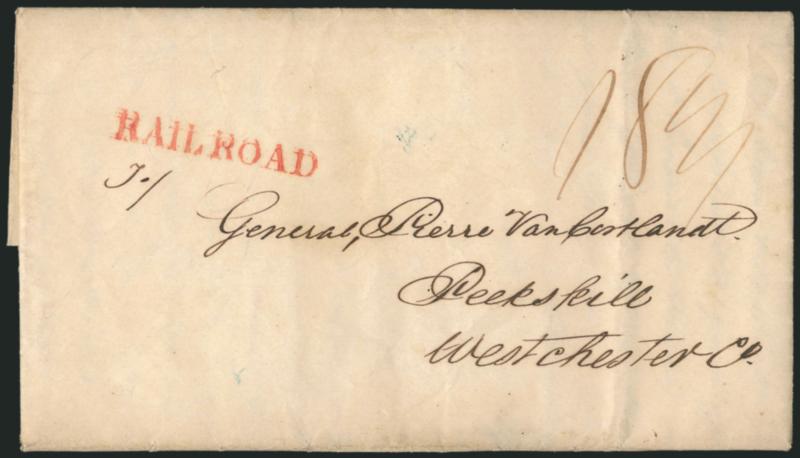RAIL ROAD.> Straightline handstamp (without hyphen) struck in red on five 1838-41 folded letterscovers and in blue with V in circle rate handstamp on 1848 folded letter, all carried between upstate New York
towns, two with pencil markings applied