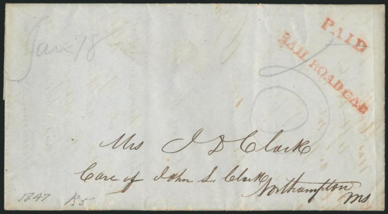 RAIL ROAD CAR.> Red straightline handstamp on four folded letters, incl. Feb. 1843 Boston to Hartford with pencil Boston and red Springfield Ms. Feb. 16 circular datestamp and ms. 12-12 rate, Jan. 1846 Albany
to Spencer Mass. with red Albany
