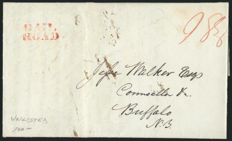 RAILROAD.> Red two-line handstamp and red ms. 18-34 rate on Mar. 13, 1848 folded letter from Utica to Buffalo N.Y., slight wear and small sealed tear along file fold, otherwise Fine, a rare and unlisted
marking used in upstate New York