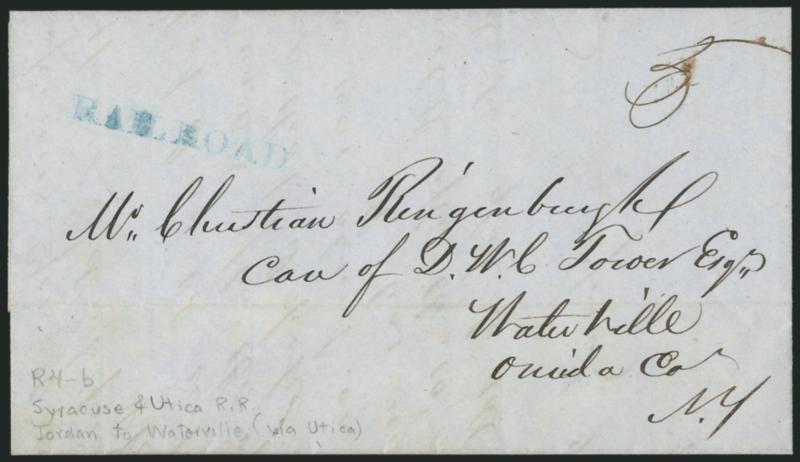 RAIL ROAD.> Blue straightline handstamp and ms. 5 rate on light blue Apr. 25, 1849 folded letter from Jordan to Waterville N.Y., Very Fine, scarce marking used on the Syracuse & Utica R.R., ex
Dunsmoor