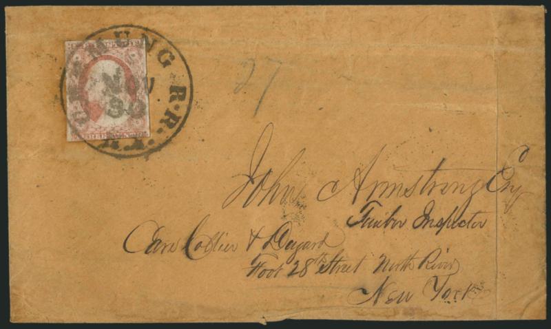Chemung R.R. N.Y. Nov. 30.> Route agents circular datestamp tying 3c Dull Red, Ty. II (11A), large margins to slightly in, color faded, on brown cover to New York City street address, 1853 enclosure, creases
and edgewear, accompanied by another cove