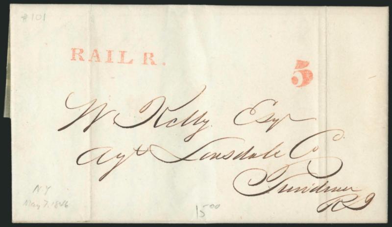 RAIL R.> Red straightline with matching 5 rate handstamp on three 1846 folded letters from New York City to Providence (Feb. 26 and May 17) and Boston (May 12), all carried on the Long Island Railroad
Brooklyn-Boston route using Long Island Sound s