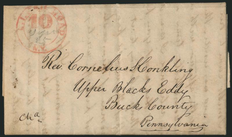 Long Island Rail Road.> Seven folded letterscovers incl. six with double-circle integral-rate handstamp (ms. dates, 1846 and thereabouts), three in red with large 5 (one with additional large Paid handstamp),
one in red with large 10 (scarce),
